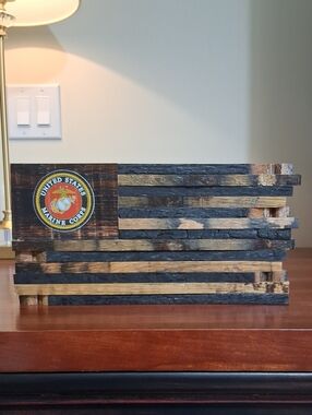 Heritage Flag US Marine Corps Handcrafted Charred Oak Wood Whiskey Barrel